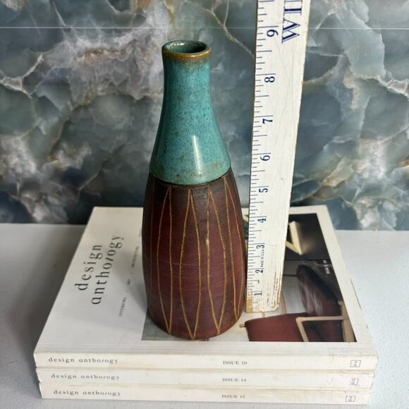 Studio Art Vase Pottery Stoneware Blue Brown Geometric Carved Sullivan Vermont - Picture 4 of 6